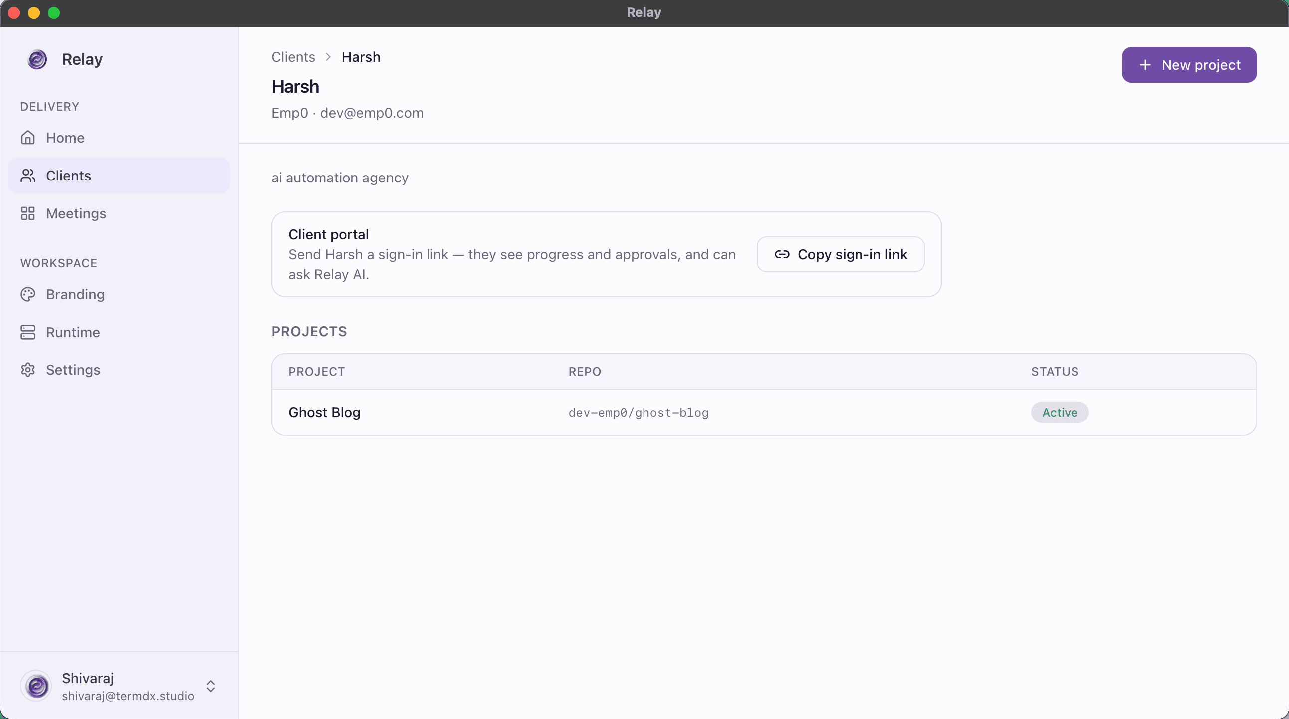 Relay showing a client's page: delivery and workspace navigation, a client portal sign-in link, and the client's projects with repo and status.